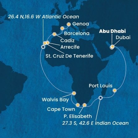 Spojené arabské emiráty, Mauricius, Jihoafrická republika, Namibie, Španělsko, Itálie z Abu Dhabi na lodi Costa Toscana