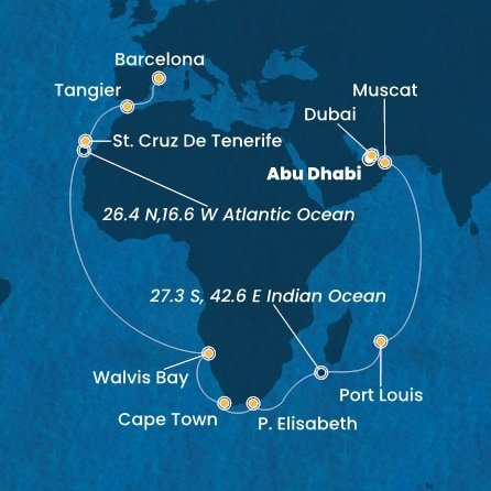 Spojené arabské emiráty, Omán, Mauricius, Jihoafrická republika, Namibie, Španělsko, Maroko z Abu Dhabi na lodi Costa Smeralda