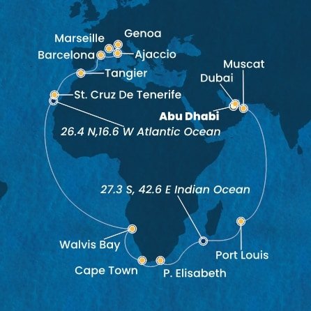 Spojené arabské emiráty, Omán, Mauricius, Jihoafrická republika, Namibie, Španělsko, Maroko, Francie, Itálie z Abu Dhabi na lodi Costa Smeralda