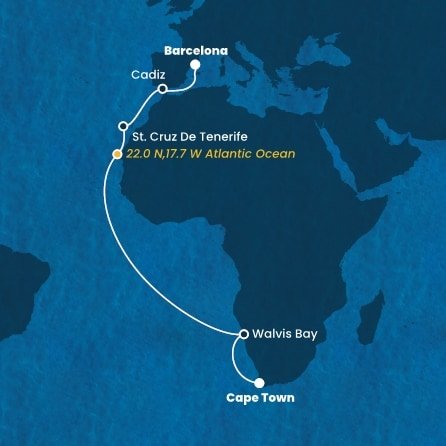 Španělsko, Namibie, Jihoafrická republika z Barcelony na lodi Costa Smeralda