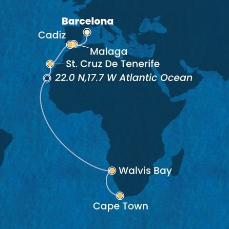 Španělsko, Namibie, Jihoafrická republika z Barcelony na lodi Costa Toscana