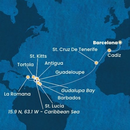 Španělsko, Barbados, Guadeloupe, Svatý Kryštof a Nevis, Britské Panenské ostrovy, Dominikánská republika, Svatá Lucie, Zámořské společenství Francie, Antigua a Barbuda z Barcelony na lodi Costa Fascinosa