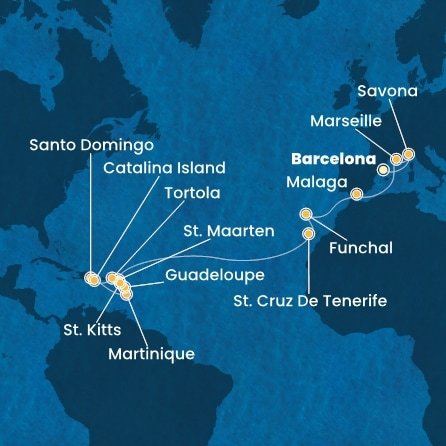 Španělsko, Itálie, Francie, Portugalsko, Svatý Martin, Martinik, Guadeloupe, Svatý Kryštof a Nevis, Britské Panenské ostrovy, Dominikánská republika z Barcelony na lodi Costa Fascinosa