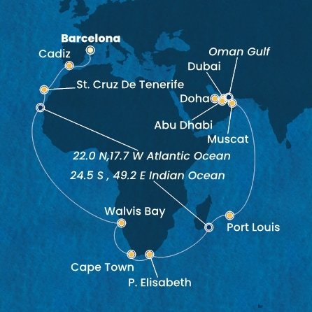 Španělsko, Namibie, Jihoafrická republika, , Mauricius, Omán, Spojené arabské emiráty, Katar z Barcelony na lodi Costa Smeralda