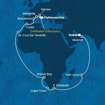 Itálie, , Francie, Španělsko, Namibie, Jihoafrická republika, Mauricius, Omán, Spojené arabské emiráty z Civitavecchia na lodi Costa Smeralda