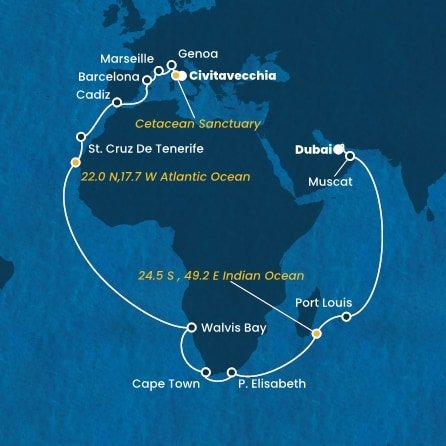 Itálie, Francie, Španělsko, Namibie, Jihoafrická republika, , Mauricius, Omán, Spojené arabské emiráty z Civitavecchia na lodi Costa Smeralda