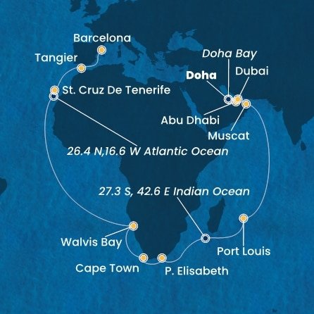 Katar, Spojené arabské emiráty, Omán, Mauricius, Jihoafrická republika, Namibie, Španělsko, Maroko z Dohy na lodi Costa Smeralda