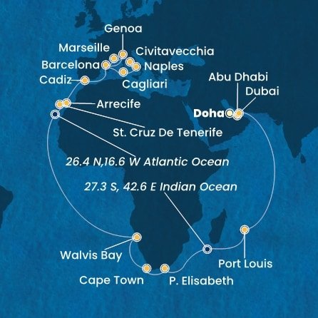 Katar, Spojené arabské emiráty, Mauricius, Jihoafrická republika, Namibie, Španělsko, Itálie, Francie z Dohy na lodi Costa Toscana