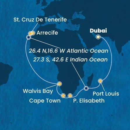 Spojené arabské emiráty, Mauricius, Jihoafrická republika, Namibie, Španělsko z Dubaje na lodi Costa Toscana