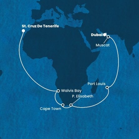 Spojené arabské emiráty, Omán, Mauricius, Jihoafrická republika, Namibie, Španělsko z Dubaje na lodi Costa Smeralda