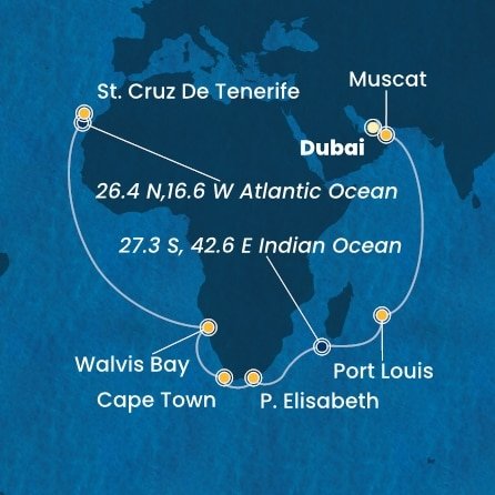 Spojené arabské emiráty, Omán, Mauricius, Jihoafrická republika, Namibie, Španělsko z Dubaje na lodi Costa Smeralda