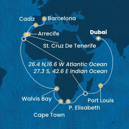 Spojené arabské emiráty, Mauricius, Jihoafrická republika, Namibie, Španělsko z Dubaje na lodi Costa Toscana