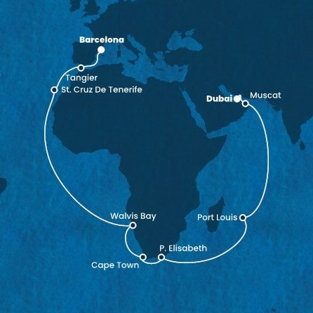 Spojené arabské emiráty, Omán, Mauricius, Jihoafrická republika, Namibie, Španělsko, Maroko z Dubaje na lodi Costa Smeralda