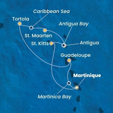 Martinik, Zámořské společenství Francie, Guadeloupe, Britské Panenské ostrovy, , Svatý Martin, Antigua a Barbuda, Svatý Kryštof a Nevis z Fort-de-France, Martinik na lodi Costa Fortuna