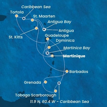 Martinik, Zámořské společenství Francie, Guadeloupe, Britské Panenské ostrovy, , Antigua a Barbuda, Svatý Martin, Svatý Kryštof a Nevis, Trinidad a Tobago, Grenada, Barbados, Dominika z Fort-de-France, Martinik na lodi Costa Fortuna