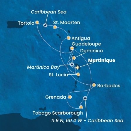 Martinik, Guadeloupe, Zámořské společenství Francie, Trinidad a Tobago, Grenada, Barbados, Dominika, Britské Panenské ostrovy, , Svatý Martin, Antigua a Barbuda, Svatá Lucie z Fort-de-France, Martinik na lodi Costa Fortuna