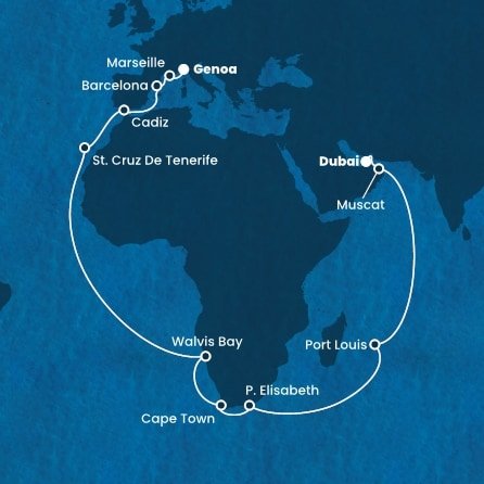 Itálie, Francie, Španělsko, Namibie, Jihoafrická republika, Mauricius, Omán, Spojené arabské emiráty z Janova na lodi Costa Smeralda