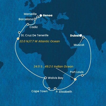 Itálie, Francie, Španělsko, Namibie, Jihoafrická republika, , Mauricius, Omán, Spojené arabské emiráty z Janova na lodi Costa Smeralda