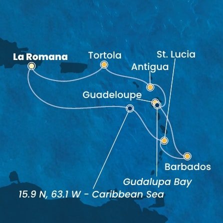 Dominikánská republika, Svatá Lucie, Barbados, Guadeloupe, Zámořské společenství Francie, Antigua a Barbuda, Britské Panenské ostrovy z La Romany na lodi Costa Fascinosa