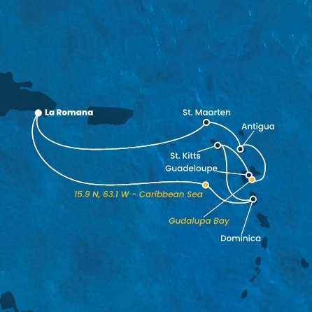 Dominikánská republika, Dominika, Svatý Kryštof a Nevis, Guadeloupe, Zámořské společenství Francie, Antigua a Barbuda, Svatý Martin z La Romany na lodi Costa Fascinosa