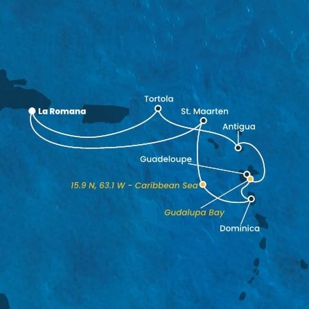 Dominikánská republika, Svatý Martin, Dominika, Guadeloupe, Zámořské společenství Francie, Antigua a Barbuda, Britské Panenské ostrovy z La Romany na lodi Costa Fascinosa