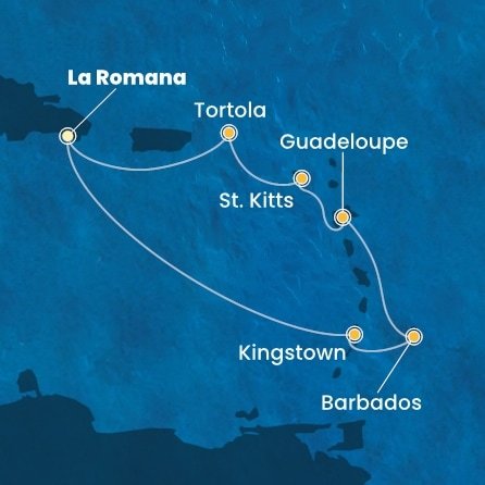 Dominikánská republika, Svatý Vincenc a Grenadiny, Barbados, Guadeloupe, Svatý Kryštof a Nevis, Britské Panenské ostrovy z La Romany na lodi Costa Pacifica