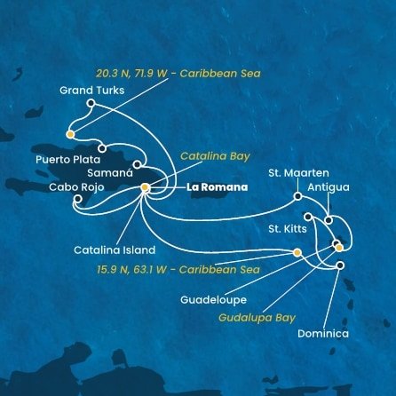 Dominikánská republika, Zámořské území Velké Británie, , Dominika, Svatý Kryštof a Nevis, Guadeloupe, Antigua a Barbuda, Svatý Martin z La Romany na lodi Costa Fascinosa