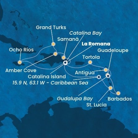 Dominikánská republika, Svatá Lucie, Barbados, Guadeloupe, Zámořské společenství Francie, Antigua a Barbuda, Britské Panenské ostrovy, Jamajka, Zámořské území Velké Británie z La Romany na lodi Costa Fascinosa