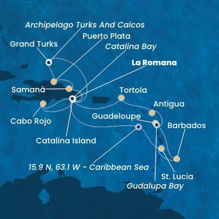 Dominikánská republika, Zámořské území Velké Británie, Svatá Lucie, Barbados, Guadeloupe, Zámořské společenství Francie, Antigua a Barbuda, Britské Panenské ostrovy z La Romany na lodi Costa Fascinosa