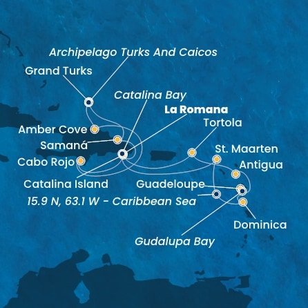 Dominikánská republika, Zámořské území Velké Británie, Svatý Martin, Dominika, Guadeloupe, Zámořské společenství Francie, Antigua a Barbuda, Britské Panenské ostrovy z La Romany na lodi Costa Fascinosa