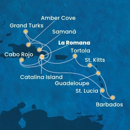 Dominikánská republika, Zámořské území Velké Británie, Svatá Lucie, Barbados, Guadeloupe, Svatý Kryštof a Nevis, Britské Panenské ostrovy z La Romany na lodi Costa Pacifica