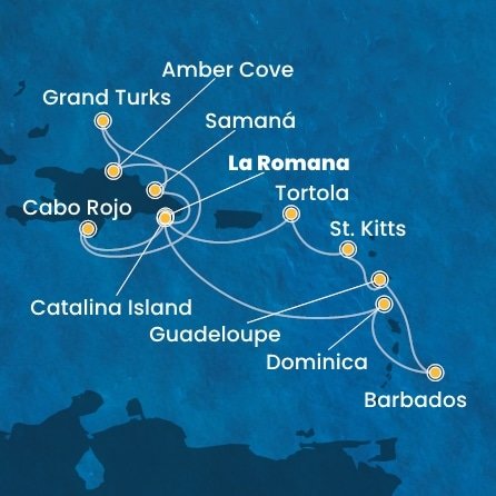 Dominikánská republika, Dominika, Barbados, Guadeloupe, Svatý Kryštof a Nevis, Britské Panenské ostrovy, Zámořské území Velké Británie z La Romany na lodi Costa Pacifica