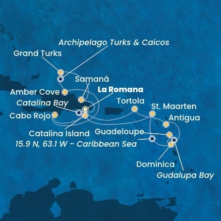 Dominikánská republika, Zámořské území Velké Británie, Svatý Martin, Dominika, Guadeloupe, Zámořské společenství Francie, Antigua a Barbuda, Britské Panenské ostrovy z La Romany na lodi Costa Fascinosa