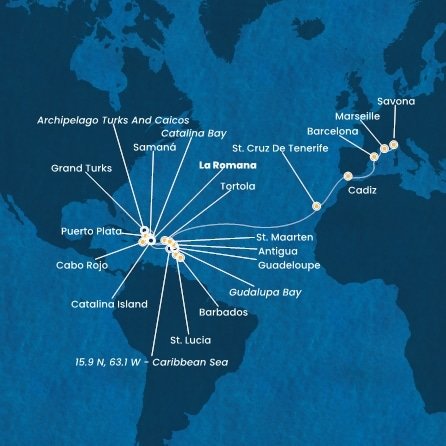 Dominikánská republika, Zámořské území Velké Británie, Svatá Lucie, Barbados, Guadeloupe, Zámořské společenství Francie, Antigua a Barbuda, Britské Panenské ostrovy, Svatý Martin, Španělsko, Francie, Itálie z La Romany na lodi Costa Fascinosa