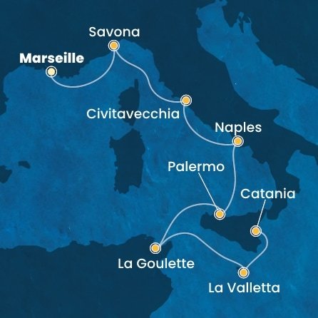 Francie, Itálie, Tunisko, Malta z Marseille na lodi Costa Fascinosa