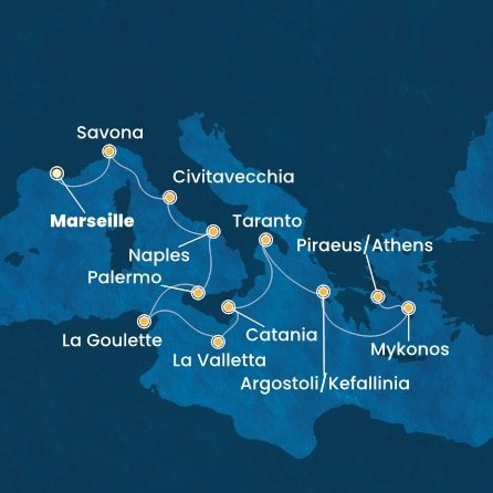 Francie, Itálie, Tunisko, Malta, Řecko z Marseille na lodi Costa Fascinosa