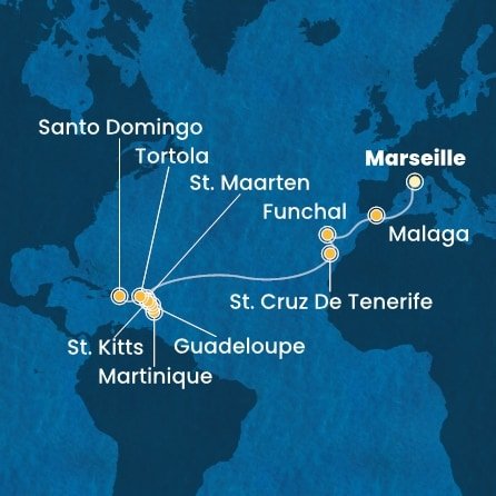 Francie, Španělsko, Portugalsko, Svatý Martin, Martinik, Guadeloupe, Svatý Kryštof a Nevis, Britské Panenské ostrovy, Dominikánská republika z Marseille na lodi Costa Fascinosa