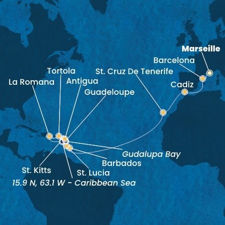 Francie, Španělsko, Barbados, Guadeloupe, Svatý Kryštof a Nevis, Britské Panenské ostrovy, Dominikánská republika, Svatá Lucie, Zámořské společenství Francie, Antigua a Barbuda z Marseille na lodi Costa Fascinosa