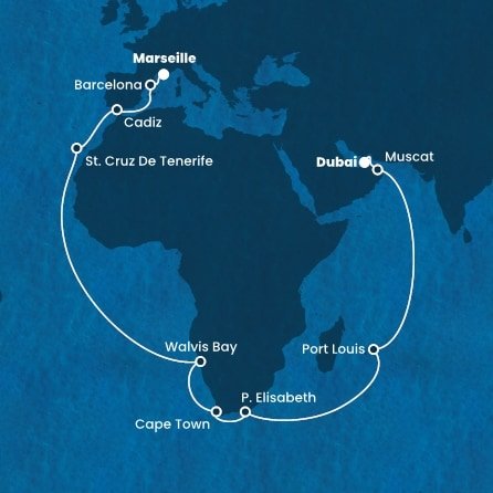 Francie, Španělsko, Namibie, Jihoafrická republika, Mauricius, Omán, Spojené arabské emiráty z Marseille na lodi Costa Smeralda