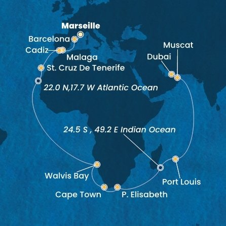 Francie, Španělsko, Namibie, Jihoafrická republika, , Mauricius, Omán, Spojené arabské emiráty z Marseille na lodi Costa Toscana