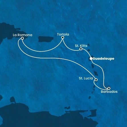 Guadeloupe, Svatý Kryštof a Nevis, Britské Panenské ostrovy, Dominikánská republika, Svatá Lucie, Barbados z Pointe-à-Pitre, Guadeloupe na lodi Costa Fascinosa