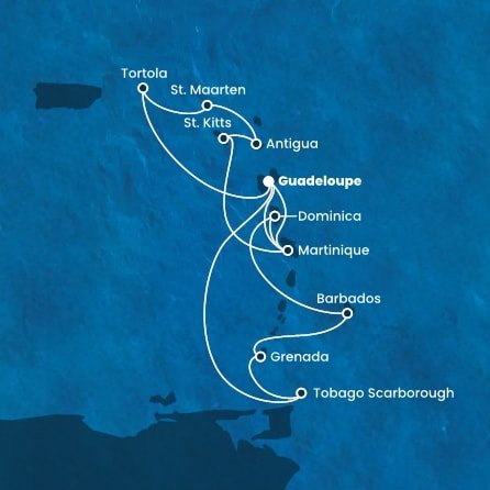 Guadeloupe, Britské Panenské ostrovy, Svatý Martin, Antigua a Barbuda, Svatý Kryštof a Nevis, Martinik, Trinidad a Tobago, Grenada, Barbados, Dominika z Pointe-à-Pitre, Guadeloupe na lodi Costa Fortuna