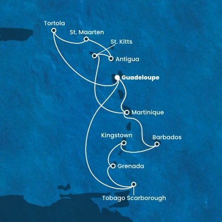 Guadeloupe, Britské Panenské ostrovy, Svatý Martin, Antigua a Barbuda, Svatý Kryštof a Nevis, Martinik, Trinidad a Tobago, Grenada, Svatý Vincenc a Grenadiny, Barbados z Pointe-à-Pitre, Guadeloupe na lodi Costa Fortuna