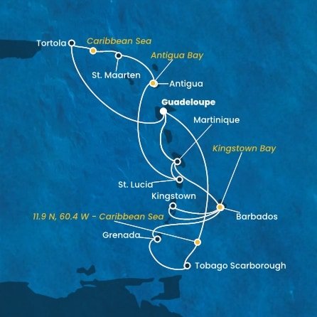 Guadeloupe, Britské Panenské ostrovy, , Svatý Martin, Antigua a Barbuda, Svatá Lucie, Martinik, Trinidad a Tobago, Grenada, Barbados, Svatý Vincenc a Grenadiny z Pointe-à-Pitre, Guadeloupe na lodi Costa Fortuna