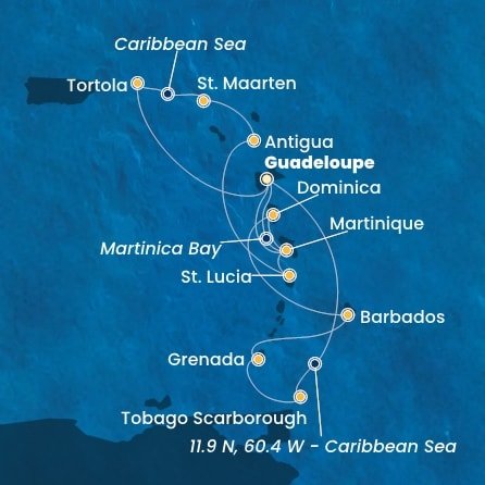 Guadeloupe, Zámořské společenství Francie, Trinidad a Tobago, Grenada, Barbados, Dominika, Martinik, Britské Panenské ostrovy, , Svatý Martin, Antigua a Barbuda, Svatá Lucie z Pointe-à-Pitre, Guadeloupe na lodi Costa Fortuna