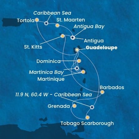 Guadeloupe, Zámořské společenství Francie, Trinidad a Tobago, Grenada, Barbados, Dominika, Martinik, Britské Panenské ostrovy, , Svatý Martin, Antigua a Barbuda, Svatý Kryštof a Nevis z Pointe-à-Pitre, Guadeloupe na lodi Costa Fortuna