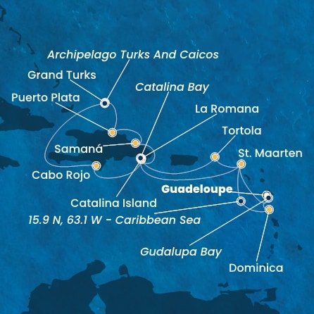 Guadeloupe, Zámořské společenství Francie, Svatý Martin, Britské Panenské ostrovy, Dominikánská republika, Zámořské území Velké Británie, Dominika z Pointe-à-Pitre, Guadeloupe na lodi Costa Fascinosa