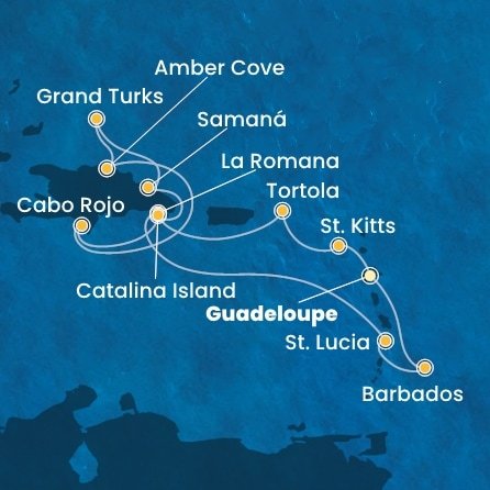 Guadeloupe, Svatý Kryštof a Nevis, Britské Panenské ostrovy, Dominikánská republika, Zámořské území Velké Británie, Svatá Lucie, Barbados z Pointe-à-Pitre, Guadeloupe na lodi Costa Pacifica