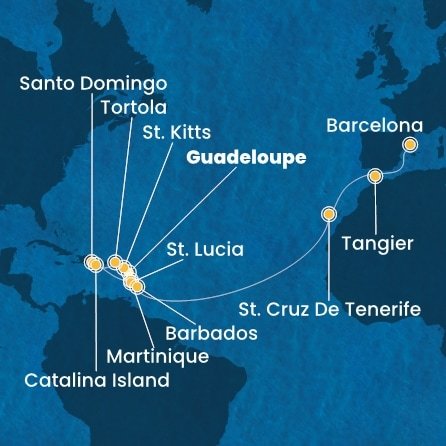 Guadeloupe, Svatý Kryštof a Nevis, Britské Panenské ostrovy, Dominikánská republika, Martinik, Svatá Lucie, Barbados, Španělsko, Maroko z Pointe-à-Pitre, Guadeloupe na lodi Costa Fascinosa