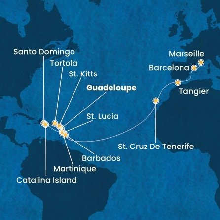 Guadeloupe, Svatý Kryštof a Nevis, Britské Panenské ostrovy, Dominikánská republika, Martinik, Svatá Lucie, Barbados, Španělsko, Maroko, Francie z Pointe-à-Pitre, Guadeloupe na lodi Costa Fascinosa